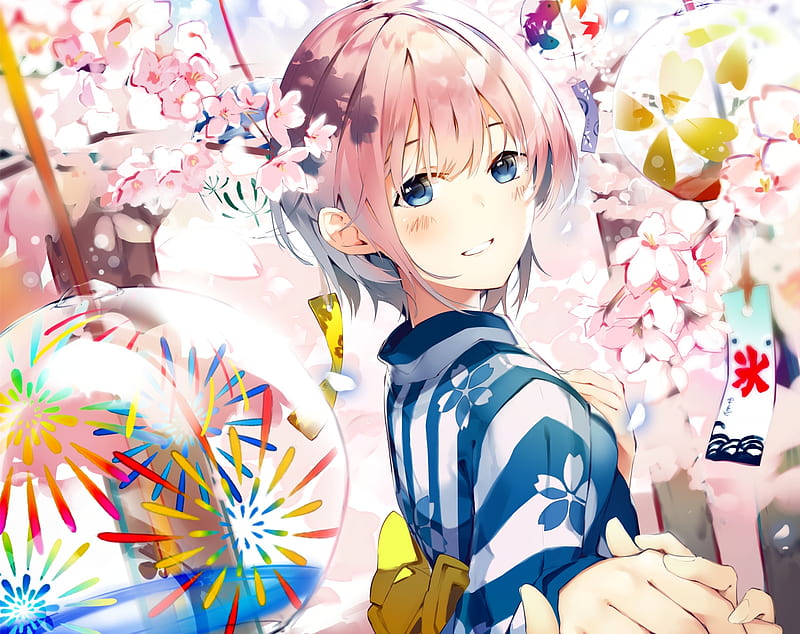 nakano ichika, go-toubun no hanayome, yukata, sakura blossom, festival, pink hair, Anime, HD wallpaper