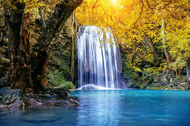 Erawan waterfall, Thailand, exotic, autumn, waterfall, beautiful, m forest, lake, pond, fall, emerald, trees, HD wallpaper