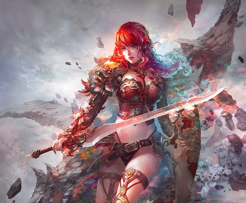 Sword fighter, art, luminos, orange, redhead, fantasy, girl, antilous, blue, HD wallpaper