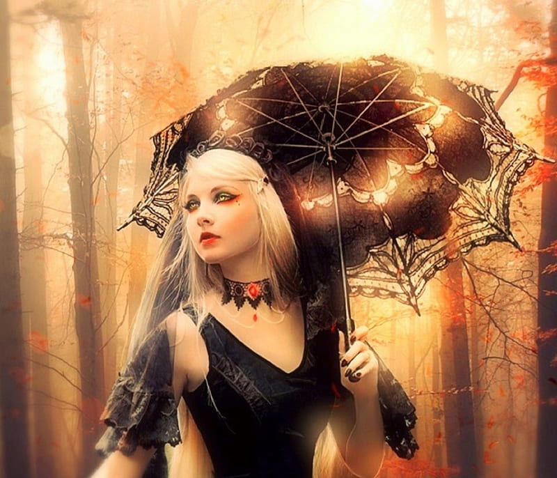 ~Coming Fall~, autumn, umbrella, softness beauty, hair, leaves, fantasy, beautiful girls, manipulation, emotional, girls, butterfly designs, fall season, models, colors, love four seasons, creative pre-made, weird things people wear, backgrounds, lady, HD wallpaper