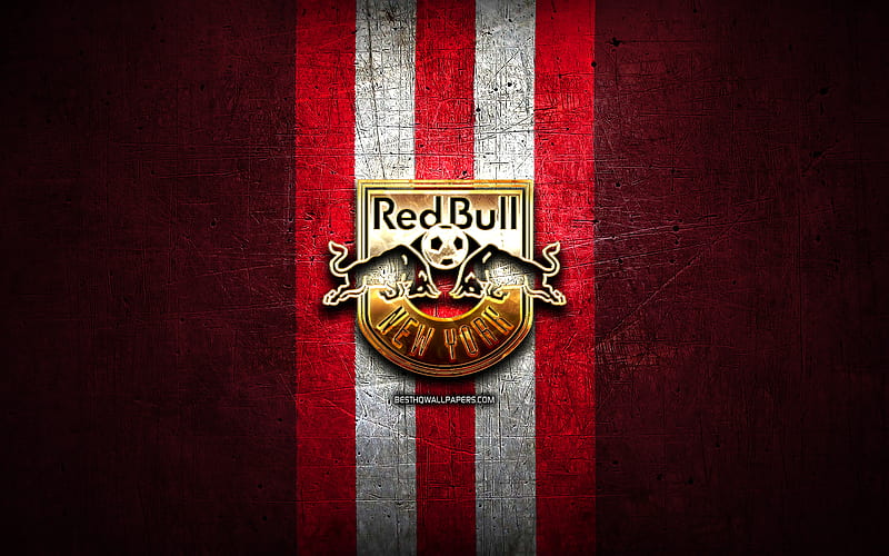 New York Red Bulls, golden logo, MLS, red metal background, american soccer club, New York Red Bulls FC, United Soccer League, New York Red Bulls logo, soccer, USA, HD wallpaper