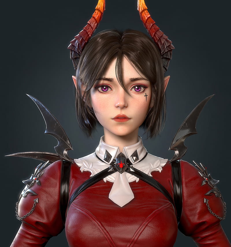 Cifangyi, CGI, women, brunette, short hair, horns, pointy ears, purple eyes, tattoo, freckles, red clothing, straps, leather, simple background, portrait, HD phone wallpaper