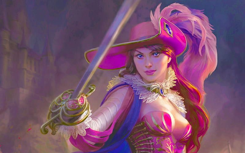 The Pink Musketeer, musketeer, art, costume, cg, bonito, woman, fantasy, girl, digital, pink, HD wallpaper