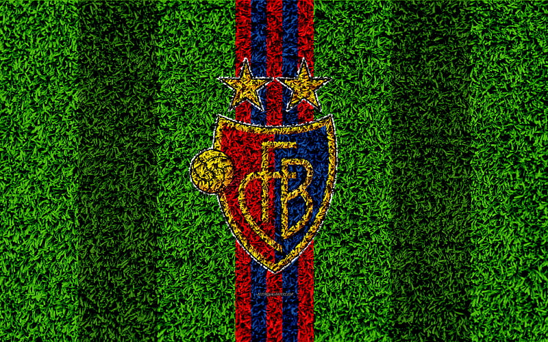 Basel FC logo, football lawn, swiss football club, red blue lines, Swiss Super League, Basel, Switzerland, football, grass texture, HD wallpaper