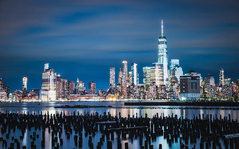 New York, city panorama, night, city lights, skyscrapers, World Trade Center 1, New York Harbor, Jersey City, сNew Jersey State, 4th of July, USA, HD wallpaper