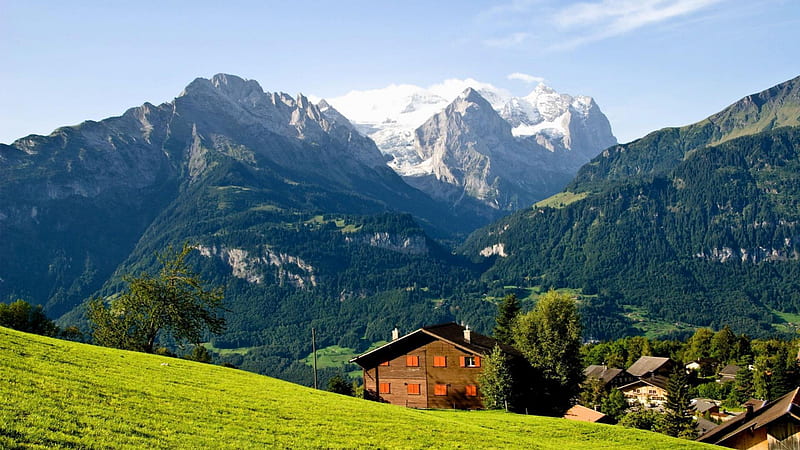 summer on an alpine landscape in switzerland, village, clouds, mountains, meadow, HD wallpaper