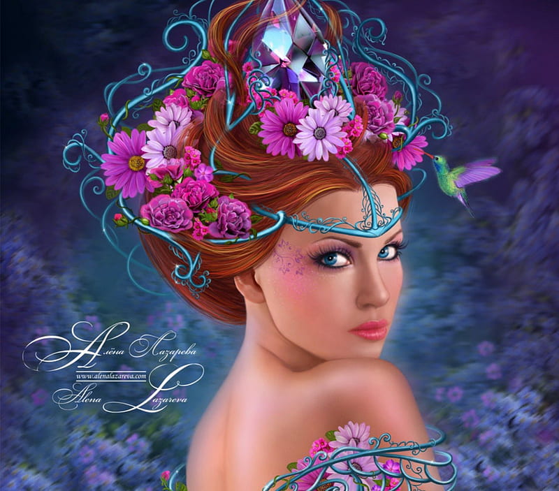 ✫Queen of Spring✫, pretty, redhead, charm, queen, bonito, digital art, women, excellent, hair, leaves, fantasy, butterfly, manipulation, people, flowers, Spring, girls, gorgeous, animals, female, models, lovely, abstract, lips, cute, bird, magical, weird things people wear, eyes, HD wallpaper
