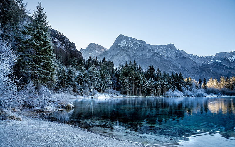 winter landscape, snow, ice, mountain lake, rocks, mountain landscape, HD wallpaper