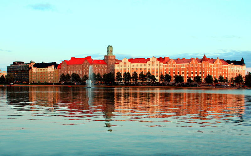 Helsinki, hakaniemi, trees, houses, ocean, HD wallpaper