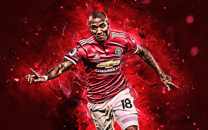 Ashley Young, goal, Manchester United FC, close-up, english footballers, neon lights, Premier League, Ashley Simon Young, soccer, fan art, football, England, Man United, HD wallpaper