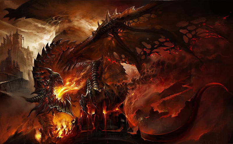 Red HOt Dragon, fire, wings, dungeon dragon, dark, dragon, creature, HD wallpaper