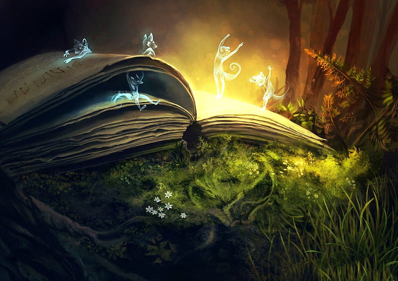 The Old Book of Fantasy, pages, nature, elves, artwork, light, HD wallpaper