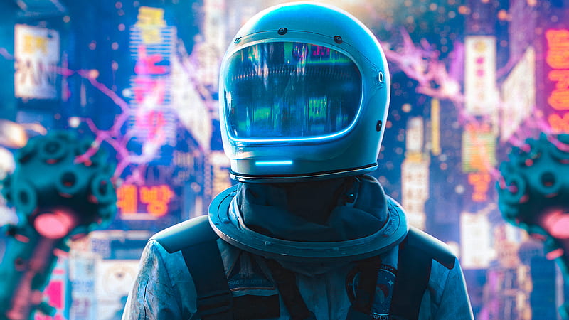 Astronaut Alone In Neon City , astronaut, artist, artwork, digital-art, neon, HD wallpaper