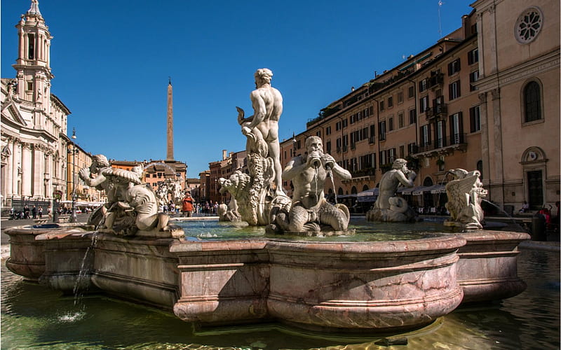 Piazza Navona Water Fountain, Rome, Italy, Fountain, Statue, Rome, Italy, HD wallpaper