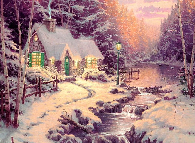 The secret cottage, forest, colorful, cottage, christmas, bonito, winter, splendor, snow, color, secret, HD wallpaper