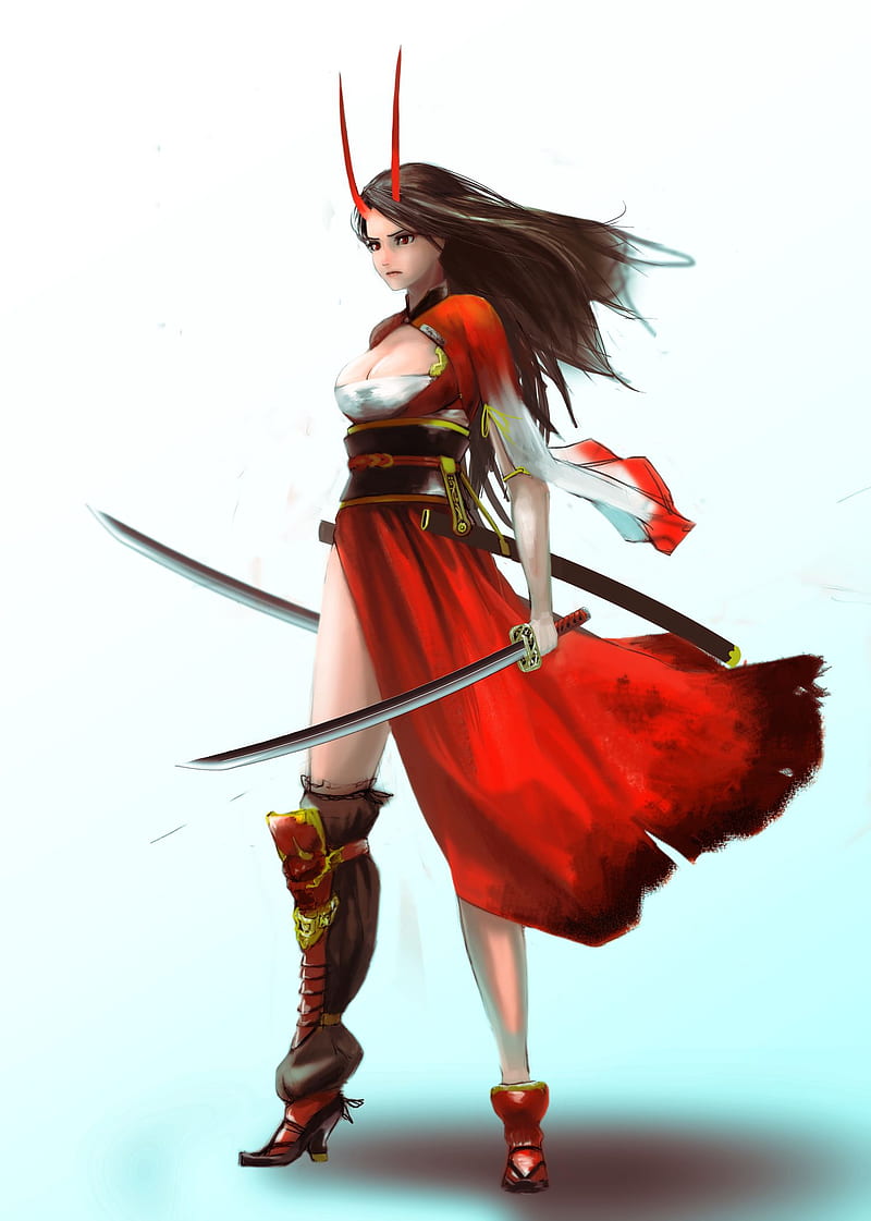 sword, glasses, fantasy girl, horns, simple background, anime, anime girls, HD phone wallpaper