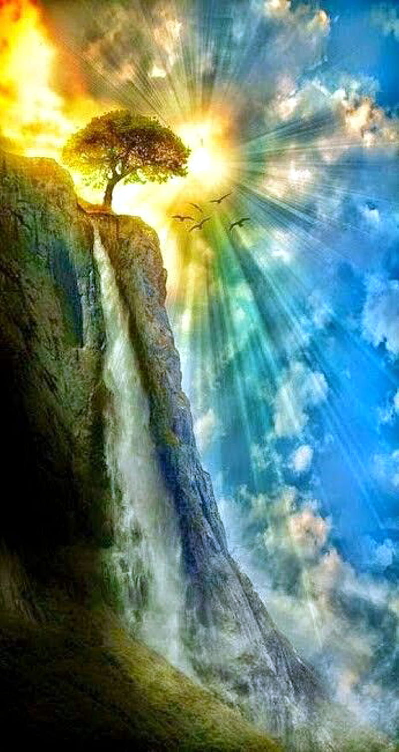 Beautiful World 2, clouds, sunshine, tree, trees, waterfall, HD phone wallpaper