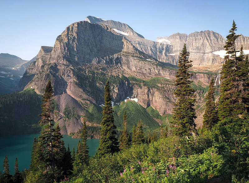 mountains, rocks, lake, spruce, sky, HD wallpaper