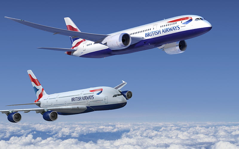 Airbus A380, British Airways, two planes, passenger plane, A380, civil aviation, Airbus, HD wallpaper