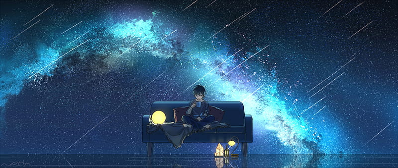 anime boy, anime landscape, starry sky, night, scenery, barefoot, drink, faling stars, Anime, HD wallpaper
