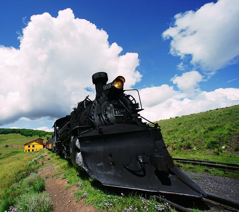 train, black, house, locomotive, railroad, yellow, HD wallpaper