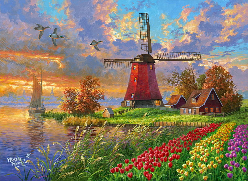 Tulip Farm, tulips, river, clouds, sky, field, windmill, cottage, colors, artwork, blossoms, painting, HD wallpaper