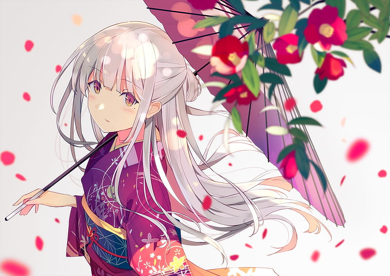 anime girl, white hair, red flower, kimono, Anime, HD wallpaper