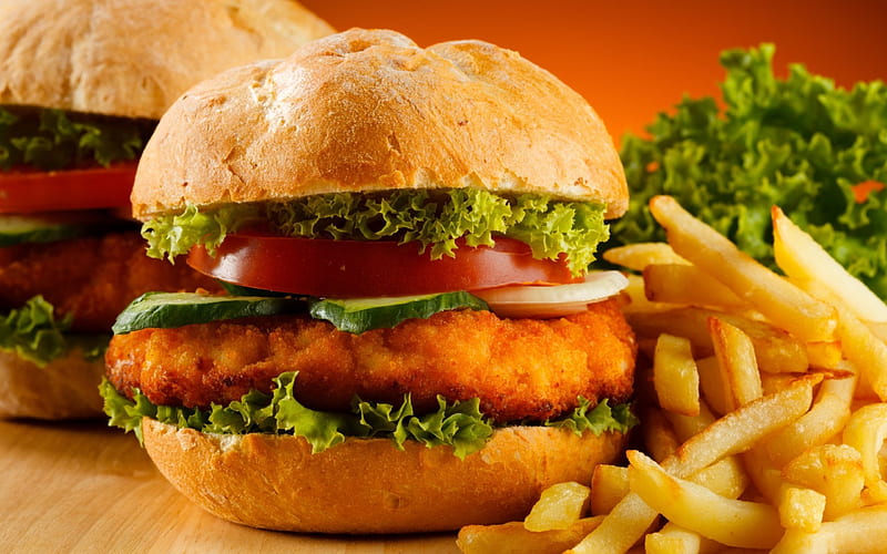 burger and fries, tomato, chicken, fries, burger, lettuce, HD wallpaper