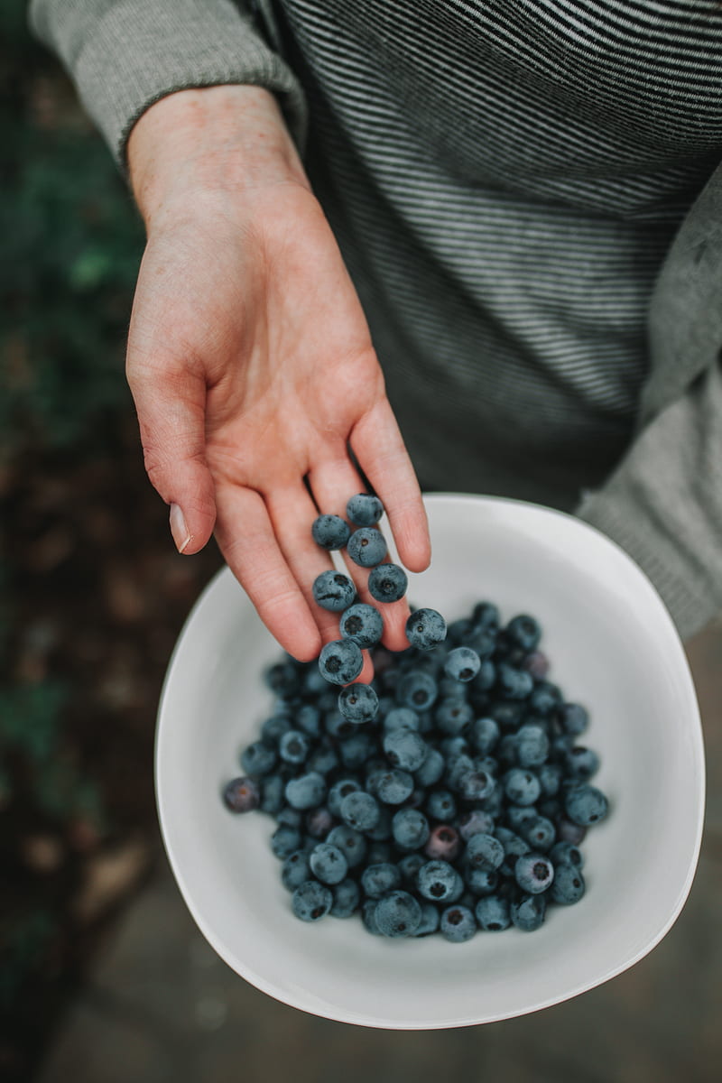 blueberries, berries, hand, bowl, HD phone wallpaper