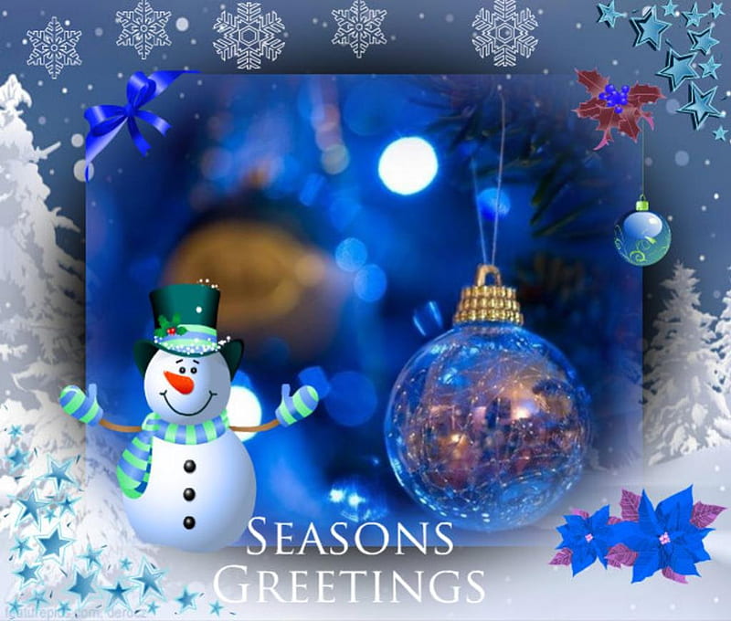 Seasons GREETINGS, holiday, season, snowman, blue, greetings, card, HD wallpaper