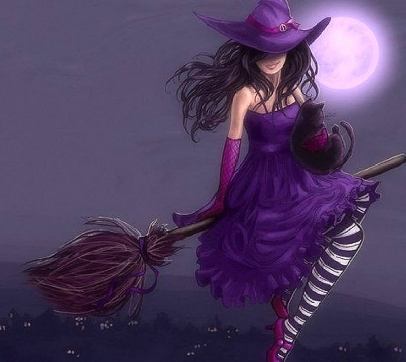 Pretty Purple Witch, moons, witch, holiday, halloween, love four seasons, creative pre-made, broom, fantasy, purple, black cat, weird things people wear, HD wallpaper