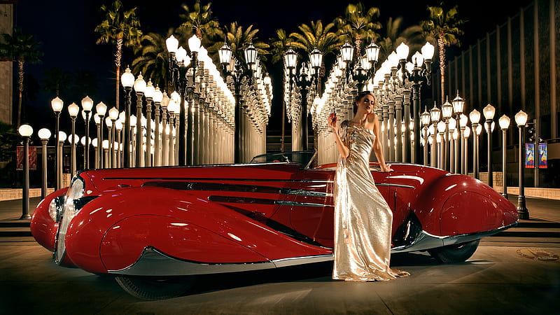 1939 Delahaye 165 Cabriolet, Red, manipulation, 1939 Delahaye, Car, Entropy, street lights, Woman, Art Deco, Cabriolet, HD wallpaper
