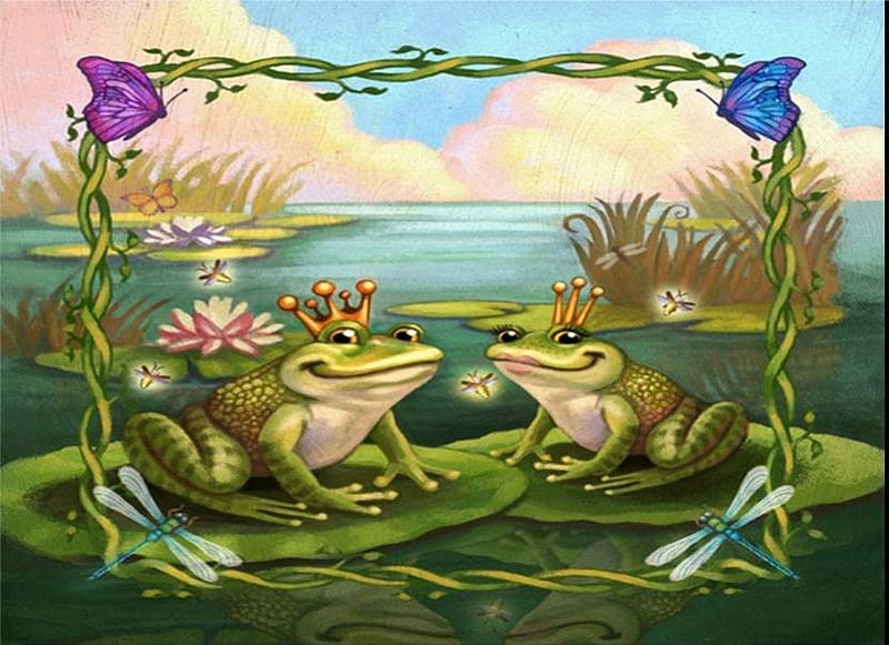 Fairy Tale Frogs, pond, border, grogs, dragonfly, flowers, butterflies, lilypads, crowns, HD wallpaper