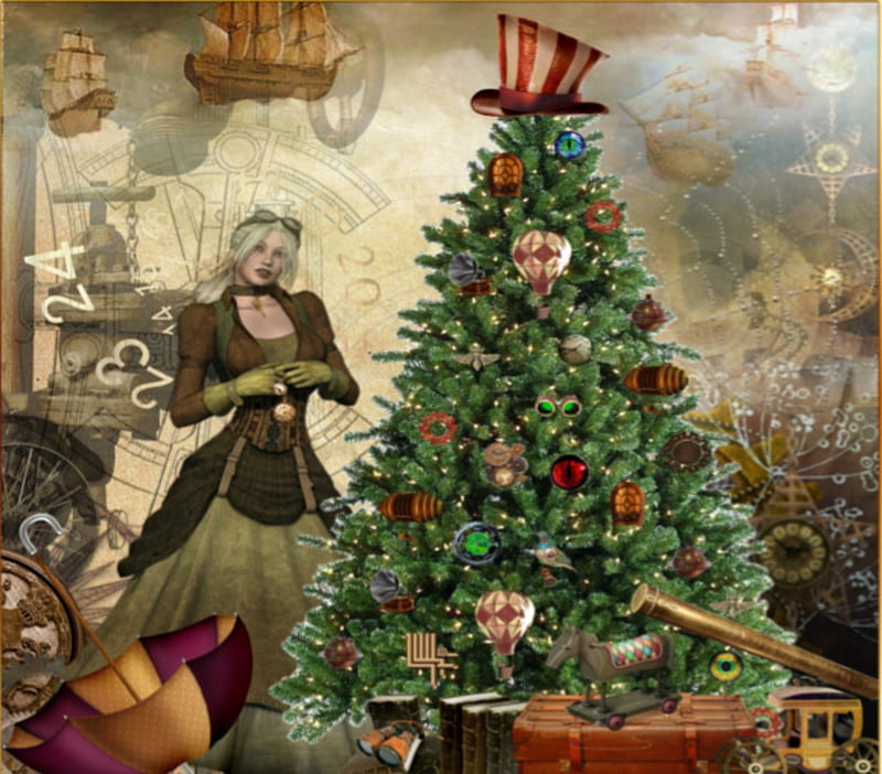 Steampunk Christmas Tree, Christmas, Steampunk, Abstract, Tree, Fantasy, HD wallpaper