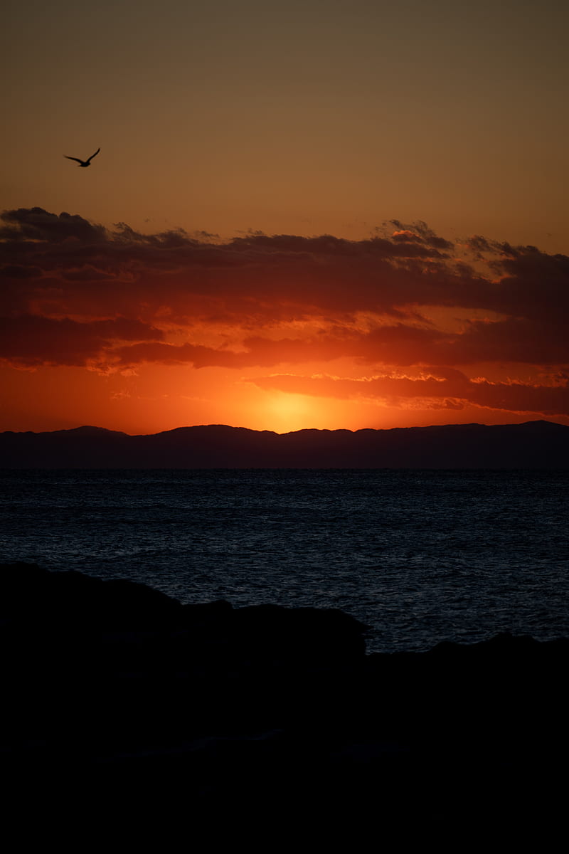 sunset, sea, mountains, dark, dusk, HD phone wallpaper