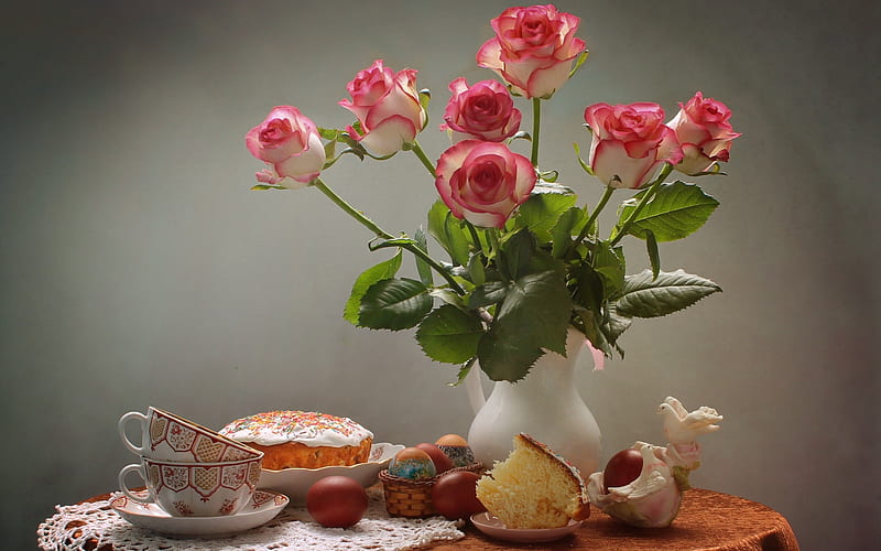 Roses and Easter Breakfast, eggs, Easter, roses, cups, HD wallpaper