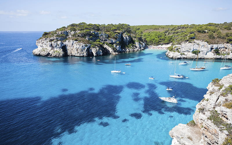 Menorca Mediterranean Sea, summer, bay, yachts, Spain, Europe, HD wallpaper