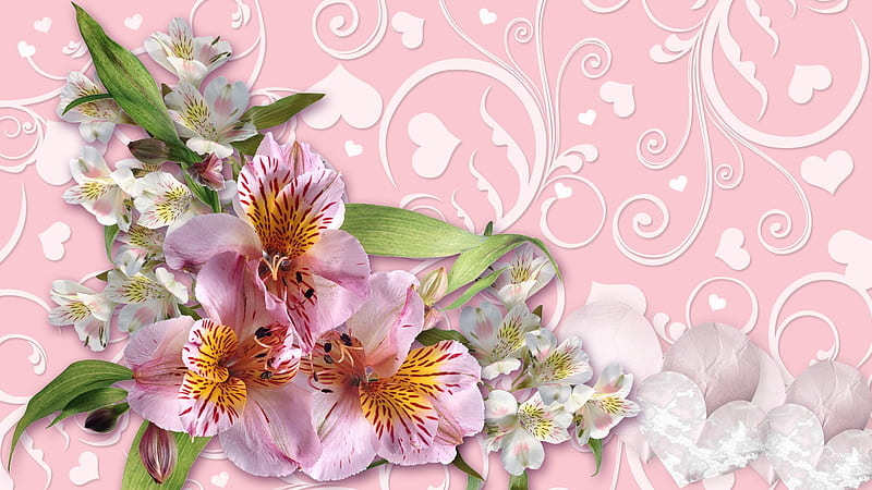 Orchids and Hearts, valentines day, sakura, swirls, corazones, apple blossoms, orchids, leaves, flowers, pink, HD wallpaper