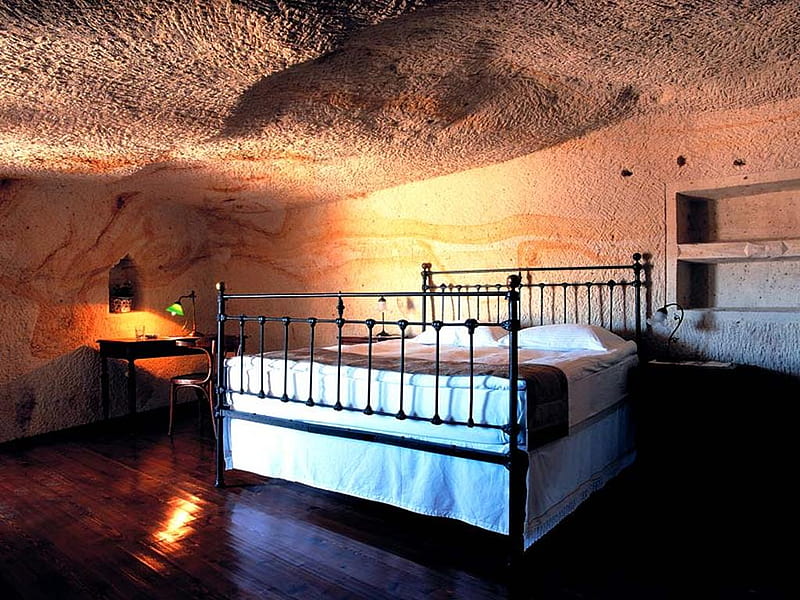 Cave hotel , hotel, rock, turkey, room, bed, HD wallpaper
