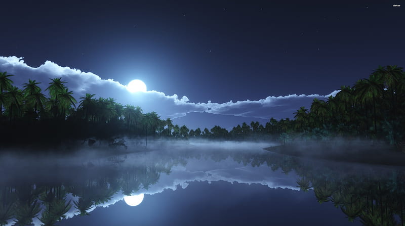 beautiful night sky reflecting in the clear lake, tree, moon, cloud, lake, HD wallpaper