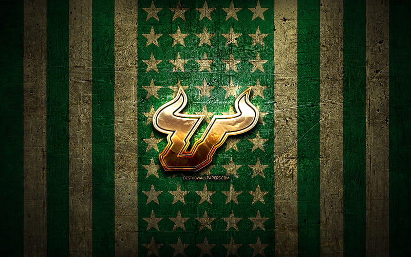 South Florida Bulls flag, NCAA, green brown metal background, american football team, South Florida Bulls logo, USA, american football, golden logo, South Florida Bulls, HD wallpaper