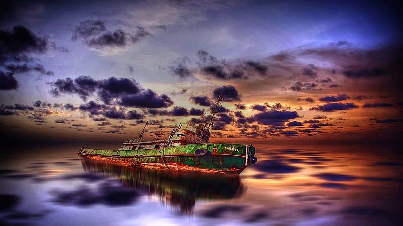 Beautiful Sunset, wreck, colorful, lovely, ship, beached, r, reflections, old, HD wallpaper