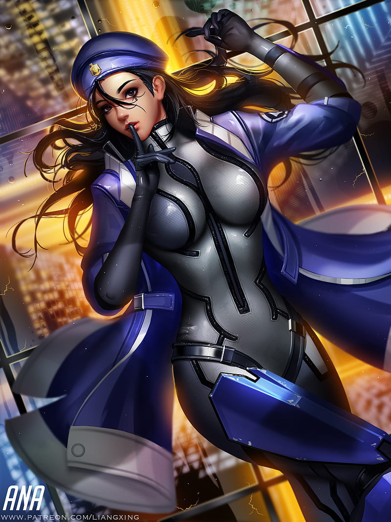Ana (Overwatch), Overwatch, video games, video game characters, women, fantasy girl, looking at viewer, brown eyes, black hair, long hair, berets, coats, bodysuit, tight clothing, glass, lying on back, backlighting, city lights, portrait display, vertical, artwork, drawing, digital art, parted lips, finger on lips, water drops, fan art, Liang Xing, Liang-Xing, HD phone wallpaper