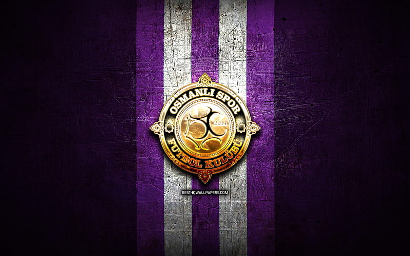 Osmanlispor FC, golden logo, 1 Lig, violet metal background, football, Osmanlispor FK, turkish football club, Osmanlispor logo, soccer, Turkey, HD wallpaper