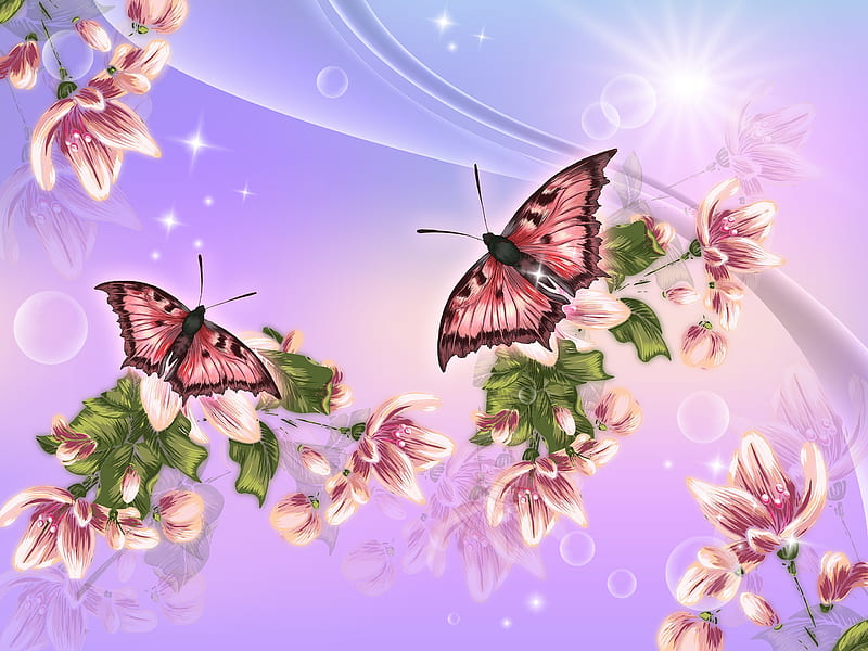 Flowers and butterflies, blossom, butterfly, luminos, texture, flower, spring, pink, HD wallpaper