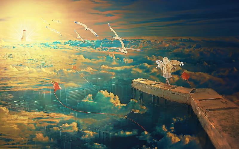 angel, cliff, clouds, birds, wings, fantasy girl, kite, Fantasy, HD wallpaper
