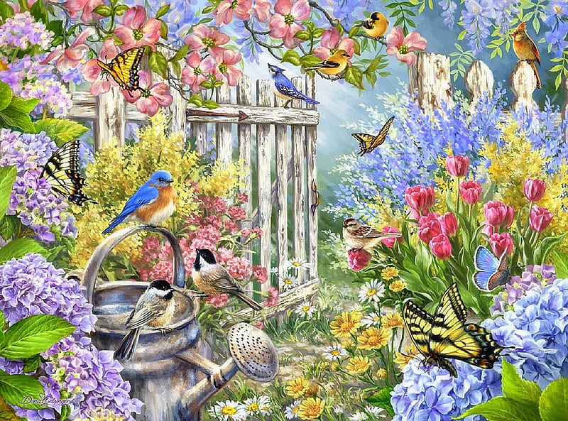 Joyful of Garden, fence, birds, butterflies, attractions in dreams, spring, paintings, summer, garden, flowers, nature, animals, HD wallpaper