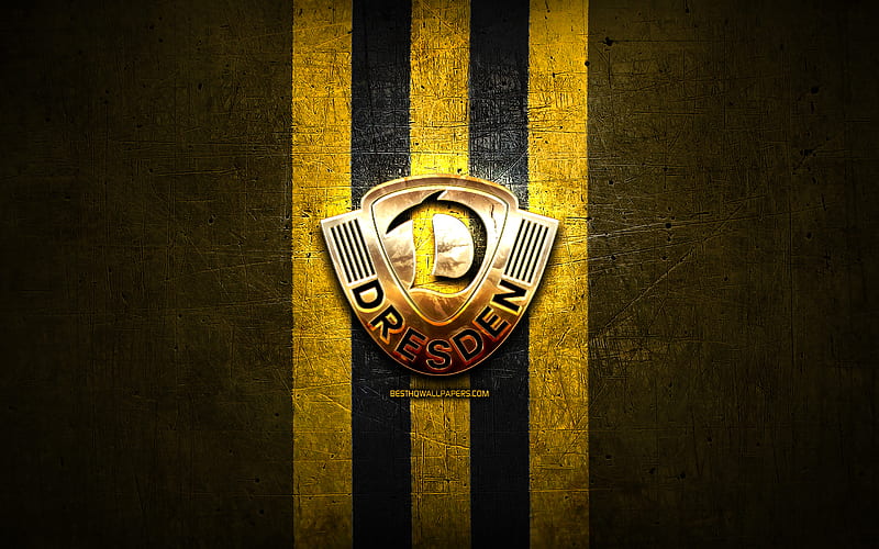 Dynamo Dresden FC, golden logo, Bundesliga 2, yellow metal background, football, SG Dynamo Dresden, german football club, Dynamo Dresden logo, soccer, Germany, HD wallpaper