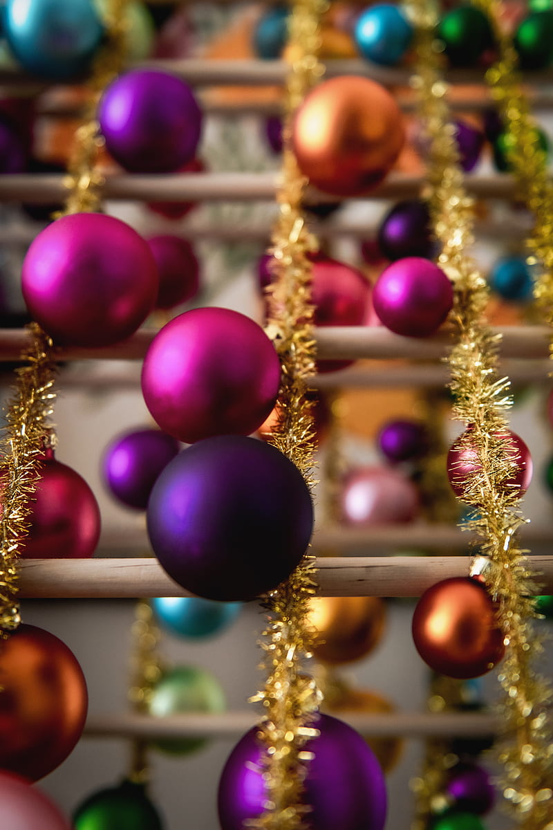 balls, tinsel, decorations, colorful, new year, christmas, HD phone wallpaper