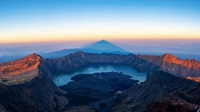 Gunung Rinjani at sunset, Indonesia, trees, volcano, rocks, lake, sunset, HD wallpaper
